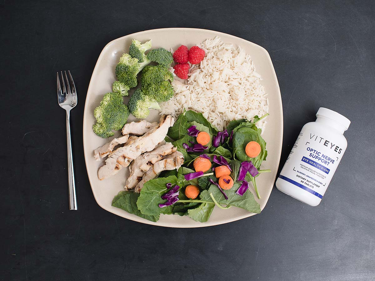 eye supplement and healthy plate of food